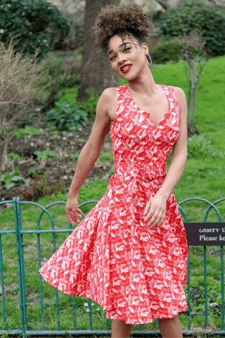 Rina Red & White Heron Print Belted Swing Dress - Timeless London